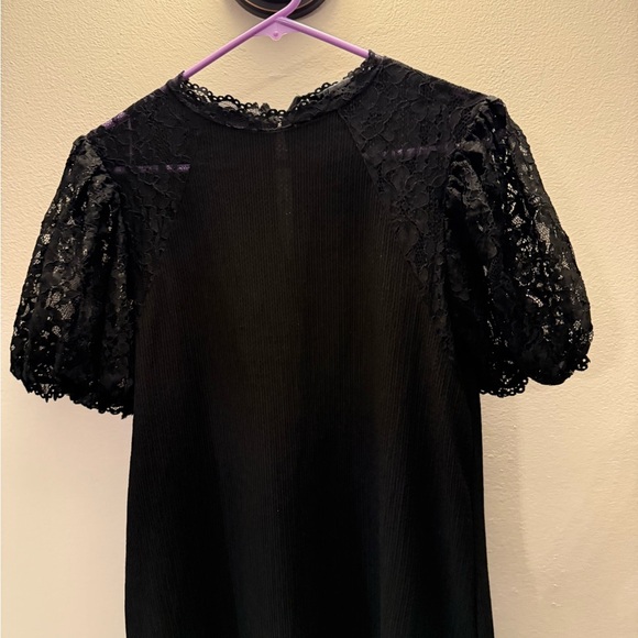 Zara Womens Floral Lace Shift Dress Puff Sleeve Waffle Knit Back Keyhole Black m - Picture 3 of 6